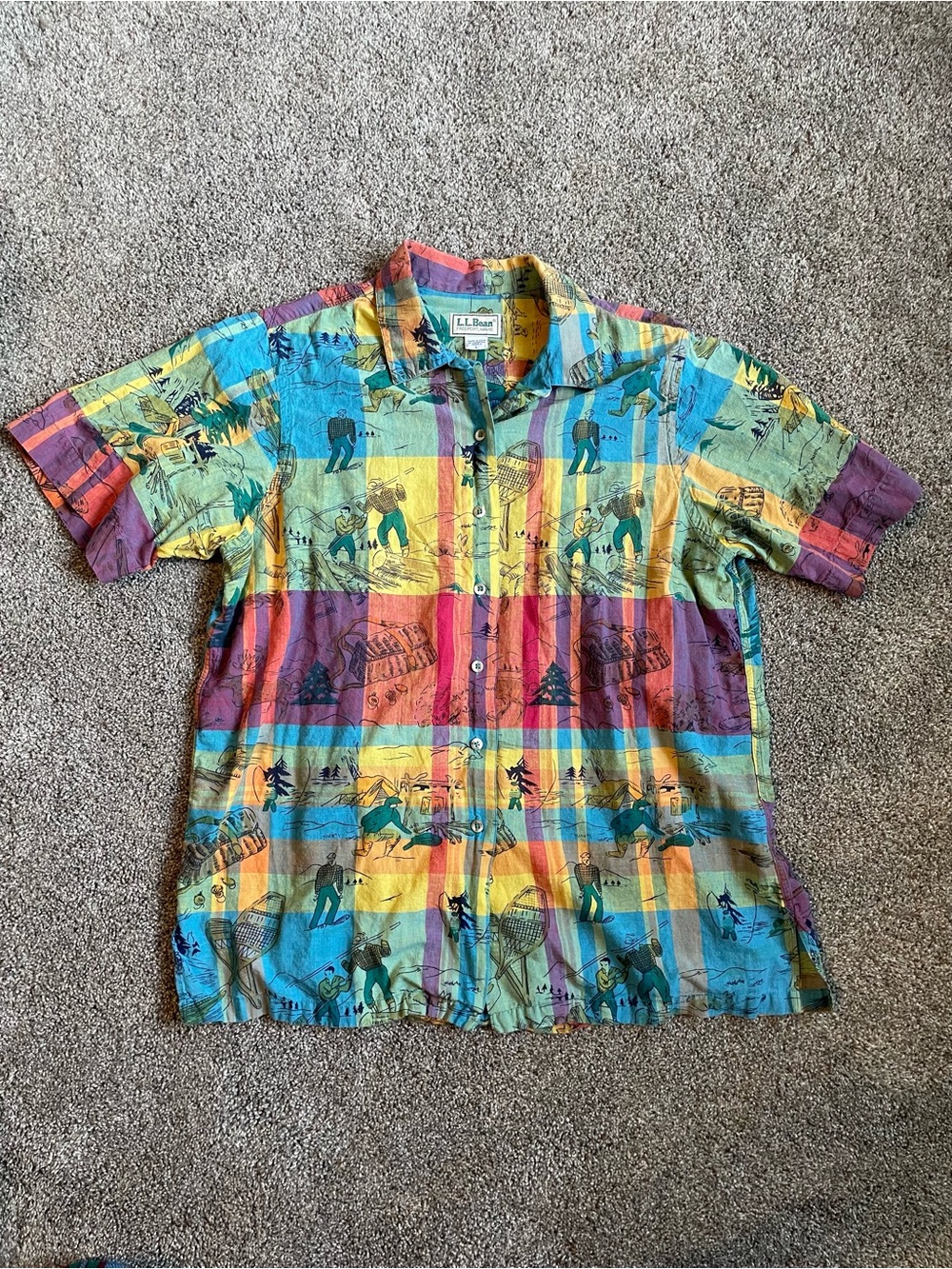 Rare Vintage L.L. Bean Multicolor Plaid Short-Sleeve Button-Up Shirt Camping L